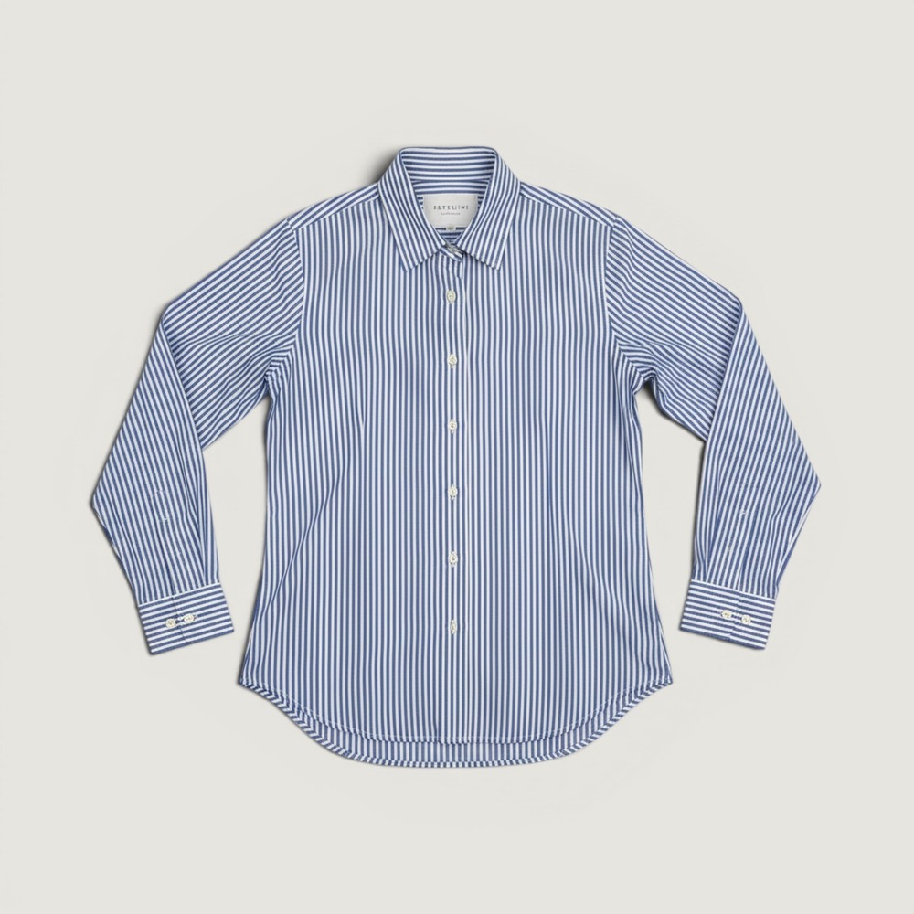 THE SHIRT Rochelle Behrens Womens Small Blue White Striped Button Down Office